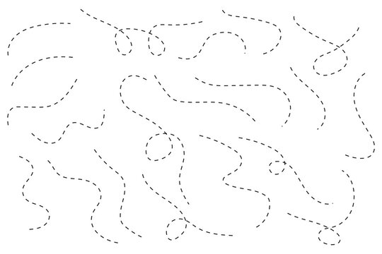 Hand drawn curve dotted line set. Curly dotted lines. Long dashed hand drawn squiggle. Dotted spiral curve line. Vector illustrator.