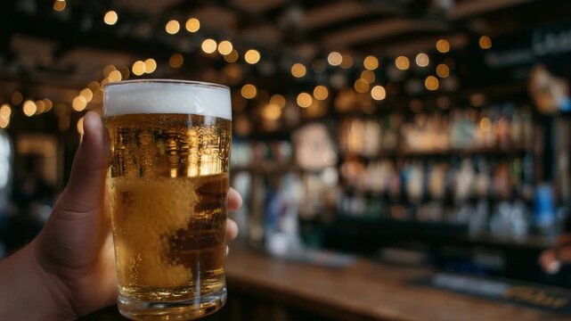 308Warm pub scene with hand raising a pint of golden beer, foam head glowing under soft light, blurred background of wooden bar counter and shelves, celebratory and social atmosphere