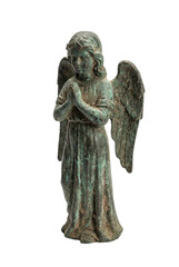 Fototapeta premium Weathered bronze praying angel statue isolated. Religious sculpture.