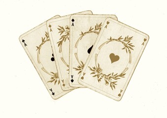 A hand of vintage playing cards showing four of the same value isolated on a white background.
