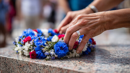 Close-up of faceless hands laying a wreath of blue, white, and red flowers at a stone war memorial, Victory in Europe Day concept, solemn atmosphere, focus on floral textures, blur
