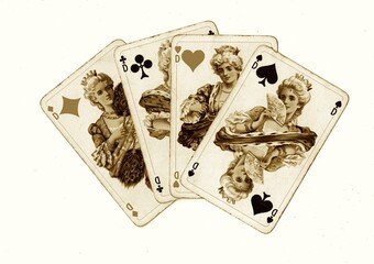 A hand of vintage playing cards in sepia showing four queens isolated on a white background.