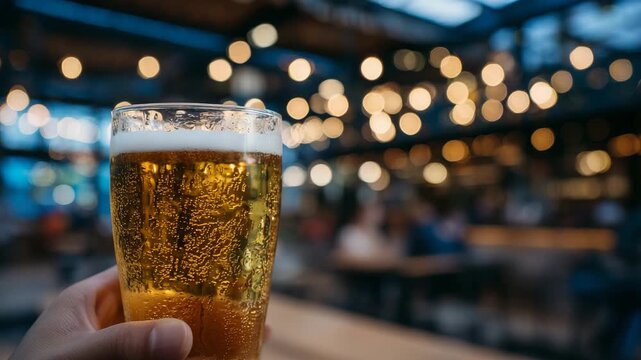 312Golden beer with thick frothy head in hand, condensation on glass, warm bokeh background of bar counter and hanging lights, inviting evening pub mood, shallow depth of field