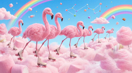 Obraz premium Whimsical Pink Flamingos on Roller Skates in Candy Clouds. For Kids fashion, candy brands, and fun campaigns. 