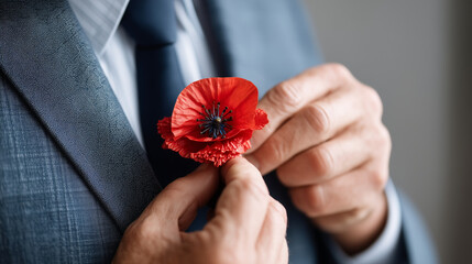Close-up of faceless hands pinning a red poppy or a cornflower (Bleuet de France) to a suit lapel, Victory in Europe Day concept, symbolic tribute, soft focus on fabric, with copy