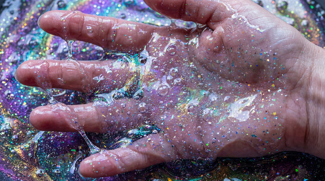 Hand dripping with vibrant purple holographic glitter slime, sparkling sequins and swirling glossy gel strands over iridescent base, macro view for ASMR, beauty product, and toy sensory ads.