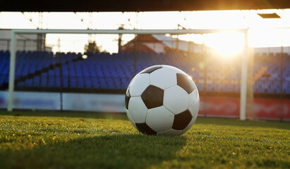 Soccer ball on a green grass field with a goalpost in the background during a beautiful sunset