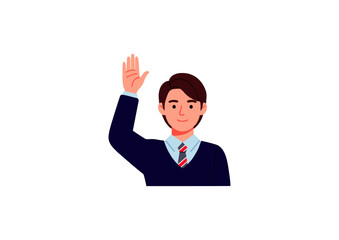 A young man in a suit raising his hand, ready to answer or ask a question, symbolizing participation and engagement