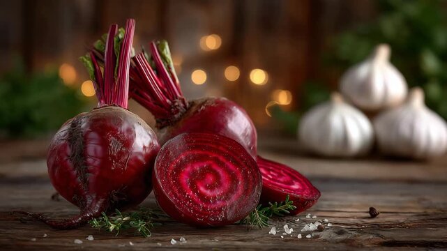 320Artistic composition of whole and sliced red beets on a rustic surface, inner rings glowing under soft light, roots curling naturally, additional vegetables like onions and garlic