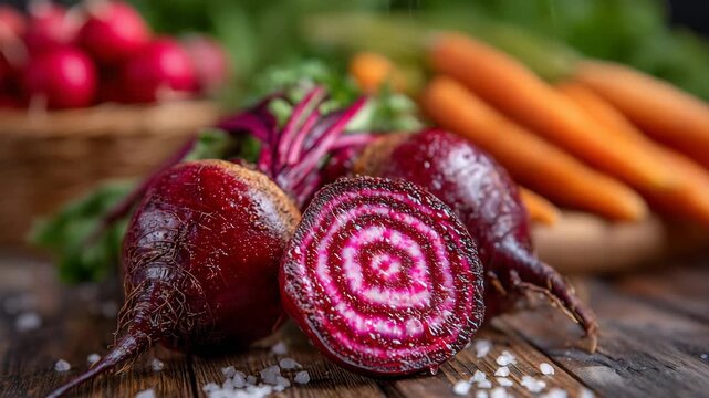 318Close-up of fresh red beets with earthy roots and one sliced to reveal vibrant inner rings, water droplets on smooth surfaces, warm natural lighting, surrounded by other colorful v