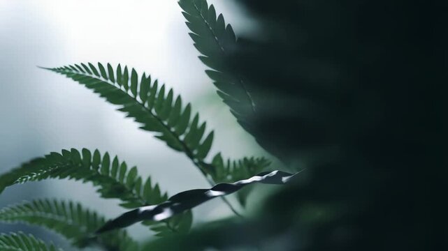 Lush green fern leaves thrive in a natural forest environment, capturing soft light with a shallow depth of field, highlighting freshness, organic beauty, and a sense of serenity