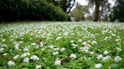 Clusters of tiny white forget-me-not flowers carpeting a lush green garden in soft daylight