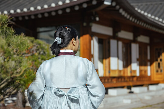 Woman in Hanbok dress at outdoor Traditional Korean Hanok Village in South Korea in sunny day, showing only back and rear view