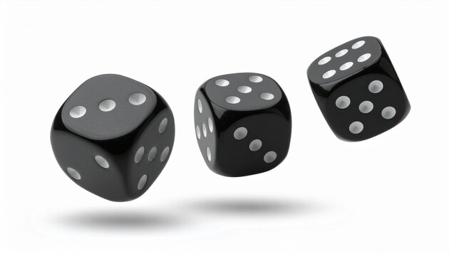 &ldquo;Three black six-sided dice suspended mid-air with white pips and shadows on light gray background&rdquo;