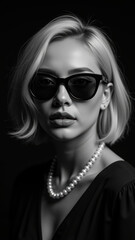 Elegant portrait of woman wearing sunglasses and pearl necklace, showcasing sophisticated style and confident expression