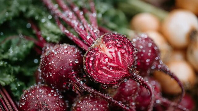 331Fresh red beets with roots and sliced interior, water droplets glistening, surrounding vegetables like onions and leafy greens softly blurred, sunlight accentuating textures, whole