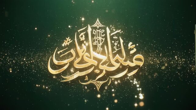 Islamic calligraphy shines with golden text and ornaments on a dark green background in a mesmerizing video display