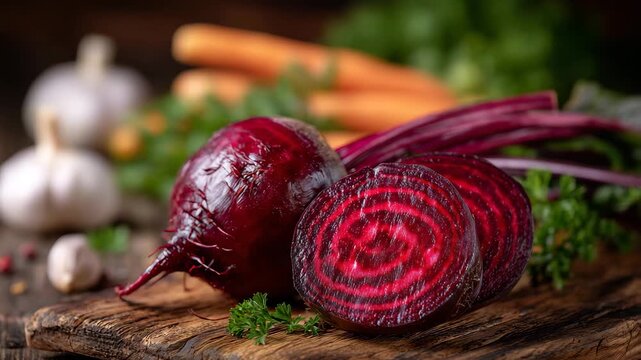 334Close-up of whole and sliced red beets on a natural wooden surface, visible roots curling organically, inner rings vividly detailed, additional vegetables like carrots and garlic c