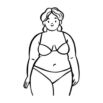Dibujo sencillo con l&iacute;neas de mujer con traje de ba&ntilde;o o ropa interior con sobrepeso de pie	