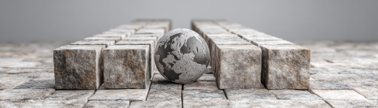 A stone globe positioned among square blocks, balance and global unity within a structured environment, global trade, AI governance