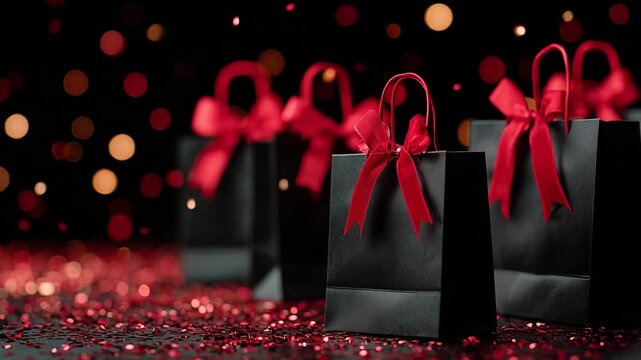 357Black shopping bags elegantly arranged on a dark surface, vibrant red ribbons and scattered confetti surrounding them, subtle spotlight highlighting glossy bag surfaces, festive pr