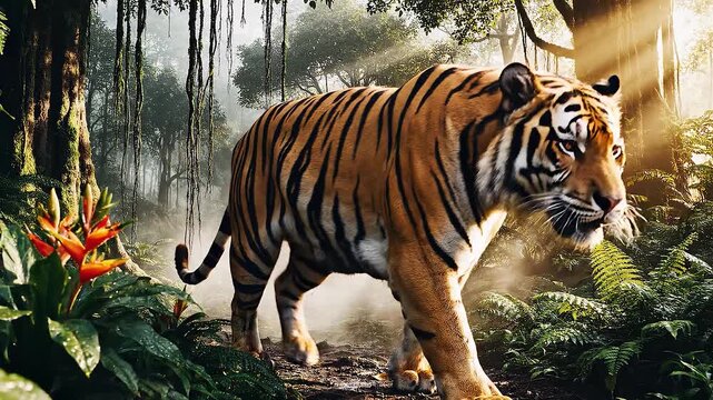 Tiger Walking in Forest Jungle Wildlife Scene.