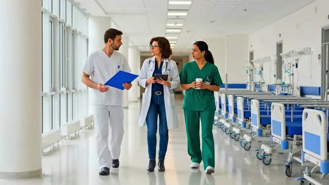Medical professionals walking down a bright hospital corridor with beds on one side, engaged in discussion, referencing documents in a clinical setting.