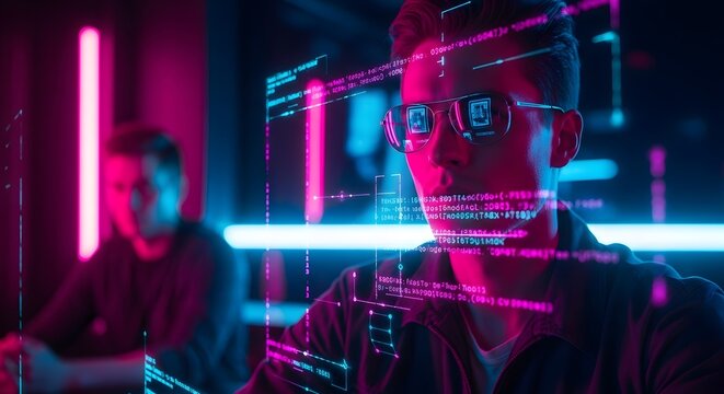 Collaborative cyber security and network monitoring. Teamwork in digital innovation lab. Man with glasses working on holographic code screens with another person in a neon environment.