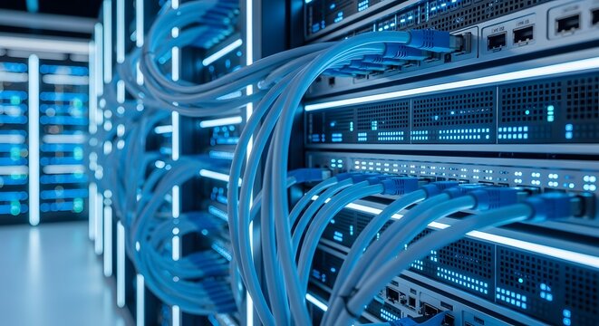 Structured cabling and server farm maintenance. Telecommunication network and hardware integration. Blue network patch cables connected to organized server racks