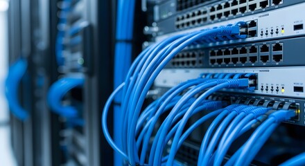Managed IT services and high performance networking hardware. Cyber security and data flow optimization. Close up of blue ethernet cables connected to local area network switch ports