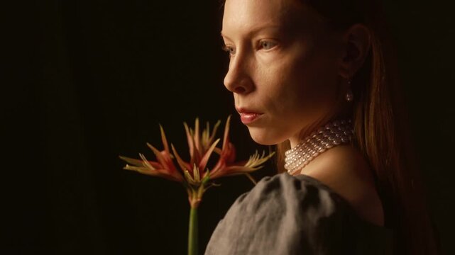 Portrait of red haired young woman wearing pearl earrings and necklace holding hippeastrum sumatra flower while posing in studio against black backdrop