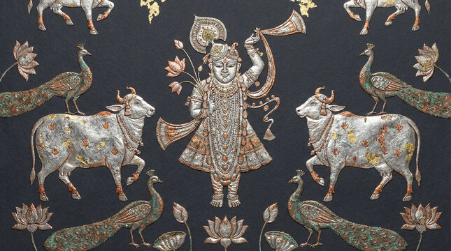 Traditional Indian Pichwai Art of Shrinathji (Krishna) with Cows and Peacocks