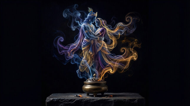 Lord Krishna and Radha in Divine Smoke Art, Eternal Love and Spirituality