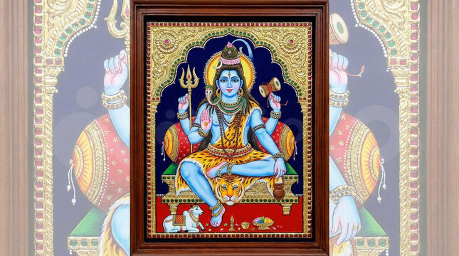 Traditional Tanjore Painting of Lord Shiva with Parvati and Nandi in Ornate Frame