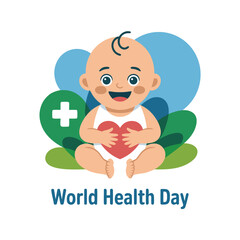 A cheerful baby with a heart and health cross symbol promotes world health day awareness