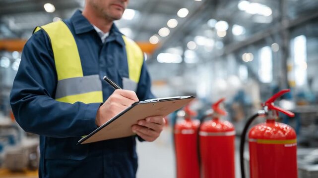 416Industrial worker holding a fire safety checklist, inspecting red fire extinguishers mounted on a wall, bright factory lighting, steel beams and machinery blurred in the background