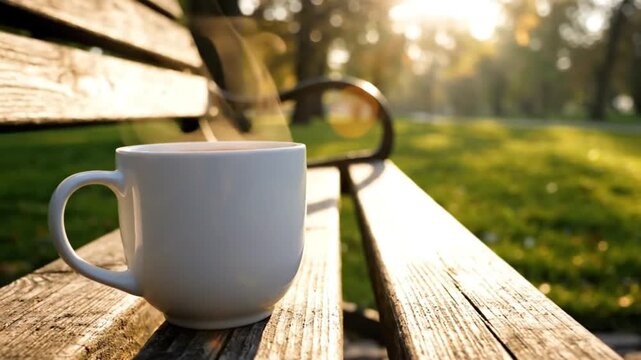 A cup of tea on an empty park bench on a sunny day against a blurred background