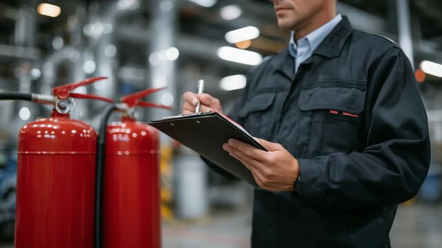 420Industrial safety officer reviewing fire safety checklist next to red fire extinguishers, subtle reflections on polished metal surfaces, ambient factory lighting, emphasis on preve