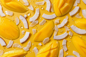 Tropical mango slices and white coconut pieces on yellow textured backdrop