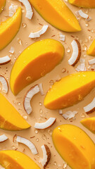 Fresh tropical mango wedges and coconut flakes with splashing water droplets