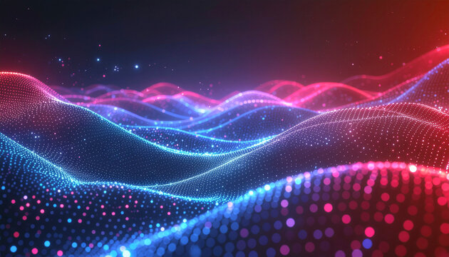 Abstract waves of light in shades of blue and purple with a red gradient at the top and bright vertical lines at the bottom