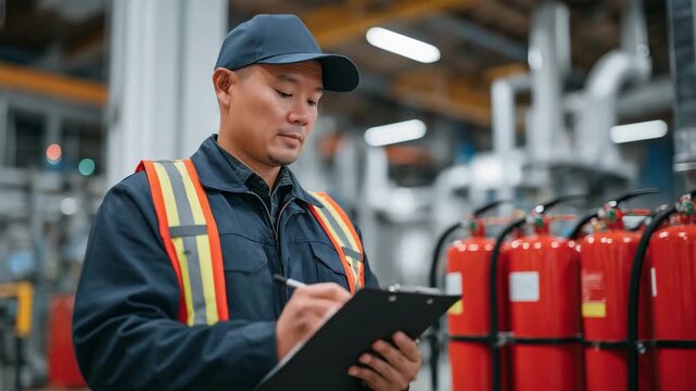 424Wide-angle view of safety inspection in industrial setting, man checking fire extinguisher checklist, red extinguishers mounted on wall, pipes and machinery blurred, professional f