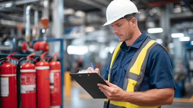 425Wide-angle view of safety inspection in industrial setting, man checking fire extinguisher checklist, red extinguishers mounted on wall, pipes and machinery blurred, professional f