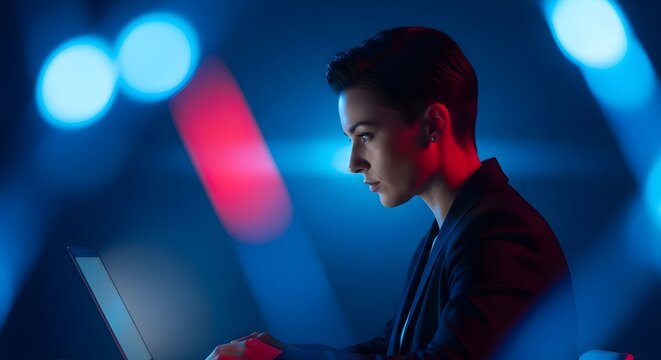 Cyber security and professional software development. Data privacy and female IT specialist working. Woman using a laptop in a dark office with blue and red cinematic lighting