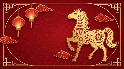 golden horse zodiac illustration on traditional red background