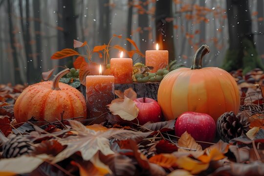 Mabon pagan holiday, autumn equinox altar, apples, leaves, candles