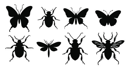  collection of detailed black insect silhouettes against © Jwobw