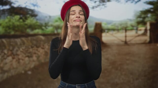 Young caucasian woman crossing fingers with both hands on a street, wearing red beret and black shirt, jeans, near stone wall and gate; hope wish.