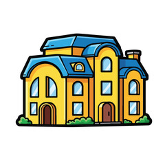 Obraz premium Cartoon Yellow House with Blue Roof.