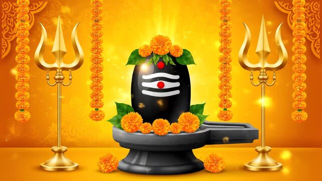 Festive Shiva Lingam with Marigold Garlands and Trishul in Warm Golden Devotional Maha Shivratri Video Background Animation